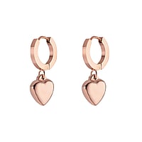 Fashion dangle earrings out of Stainless Steel with PVD-coating (gold color). Diameter:13,5mm. Width:10mm. Length:25mm. Shiny.  Heart Love