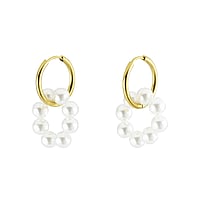 Fashion dangle earrings out of Surgical Steel 316L with Synthetic Pearls, PVD-coating (gold color) and nylon. Diameter:18mm. Width:20mm.