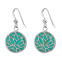 Silver earrings with Gemstone. Diameter:15,5mm. Shiny.  Flower Leaf Plant pattern