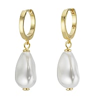 Silver earrings with pearls with High quality synthetic pearl with a crystal core and PVD-coating (gold color). Diameter:13mm. Width:10mm. Length:22mm. Shiny.