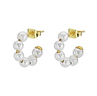 Fashion ear studs out of Surgical Steel 316L with PVD-coating (gold color) and Synthetic Pearls. Width:4mm. Diameter:15mm.