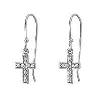 Silver earrings with zirconia. Width:7mm. Shiny. Stone(s) are fixed in setting.  Cross