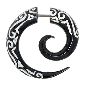 Fake-Plug Chirurgenstahl 316L Buffalo Horn Kunstharz Tribal_Zeichnung Tribal_Muster Spirale