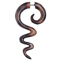 Wood Fake-Plug out of Surgical Steel 316L with Sono wood. Bar length:5mm. Width:30mm. Length:55mm. Cross-section:1,2mm.  Tribal pattern Spiral