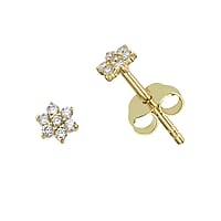 Genuine gold earring(s) with 14K gold and Lab grown diamond. Width:4mm. Shiny. Stone(s) are fixed in setting.  Flower