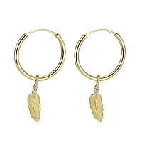 Genuine gold earring(s) with 14K gold and Lab grown diamond. Diameter:12mm. Width:4mm. Shiny. Stone(s) are fixed in setting.  Feather