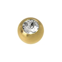 1.6mm Piercing ball out of Surgical Steel 316L with Gold-plated and Crystal. Thread:1,6mm. Diameter:5mm. Shiny.