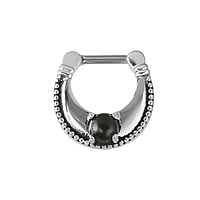 Septum piercing out of Surgical Steel 316L and Brass with Plastic. Width:13,5mm. Bar length:6mm. Cross-section:1,2mm. Stone(s) are fixed in setting. Shiny.