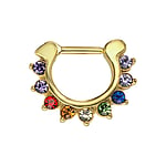 Septum piercing out of Surgical Steel 316L with Crystal and PVD-coating (gold color). Bar length:6mm. Width:16mm. Cross-section:1,2mm. Shiny. Stone(s) are fixed in setting.  Rainbow