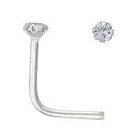 Silver nose piercing with Crystal. Length:6,5mm. Cross-section:0,7mm. Diameter:1,8mm. Stone(s) are fixed in setting.