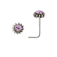 Piercing nez en argent avec Cristal. Longueur:6,5mm. Coupe transversale :0,7mm. Diamtre:2,8mm.  Spirale Fleur