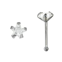 Silver nose piercing with zirconia. Length:6,5mm. Cross-section:0,6mm. Width:3,8mm. Stone(s) are fixed in setting.  Star