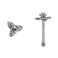 Zilveren Neus Piercing met Kristal. Lengte:6,5mm. Doorsnede:0,6mm. Breedte:4mm.  bloem blad blaadje plantpatroon