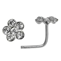 Zilveren Neus Piercing met Kristal. Lengte:6,5mm. Doorsnede:0,7mm. Breedte:5,3mm.  bloem