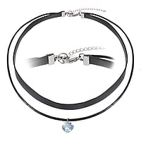 Choker out of Leather and Stainless Steel with zirconia. Width:11mm. Length:38-43cm. Adjustable length.