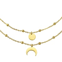 Necklace out of Stainless Steel with PVD-coating (gold color). Width:14,5mm. Length:46-51cm. Adjustable length. Shiny.  Moon Half moon Half-moon