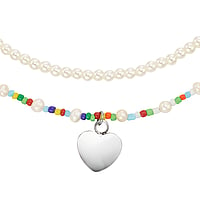 Necklace out of Stainless Steel and Glass with Fresh water pearl. Length:38-43cm+44-49cm. Width:15mm. Shiny. Adjustable length.  Heart Love