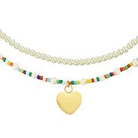 Necklace out of Stainless Steel and Glass with PVD-coating (gold color) and Fresh water pearl. Length:38-43cm+44-49cm. Width:15mm. Adjustable length. Shiny.  Heart Love