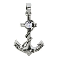 Silver pendant with zirconia. Width:23mm. Eyelet's transverse diameter:4,2mm. Eyelet's longitudinal diameter:4,7mm. Stone(s) are fixed in setting. Shiny.  Anchor rope ship boat compass