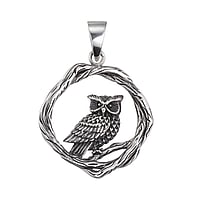 Pendentifs en argent Largeur:26mm. Diamtre d'oeillet transversal:4,0mm. Diamtre d'oeillet longitudinal:5,8mm.  Chouette Hibou Grand duc