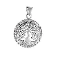 Silver pendant with zirconia. Diameter:20mm. Eyelet's transverse diameter:2,8mm. Eyelet's longitudinal diameter:3,7mm. Stone(s) are fixed in setting. Shiny.  Tree Tree of Life
