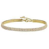 Silver bracelet with zirconia and PVD-coating (gold color). Length:17-20cm. Width:4,5mm. Adjustable length. Stone(s) are fixed in setting. Shiny.
