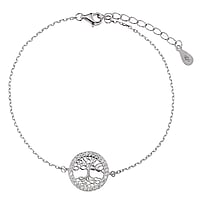 Bracciale d'argento con Zircone. Diametro:13mm. Lunghezza:18-20,5cm. Lunghezza variabile. Pietra(e) fissata(e) dalla montatura.  Albero Albero della vita