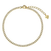 Silver bracelet with zirconia and PVD-coating (gold color). Width:2mm. Length:17-20cm. Adjustable length. Stone(s) are fixed in setting. Shiny.