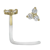 Genuine gold nose piercing out of Bioplast with 18K Gold and Crystal. Length:6,5mm. Width:3,9mm. Cross-section:0,8mm. Stone(s) are fixed in setting.  Flower Leaf Plant pattern