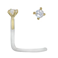 Genuine gold nose piercing out of Bioplast with 18K Gold and Crystal. Length:6,5mm. Width:2mm. Cross-section:0,8mm. Stone(s) are fixed in setting.