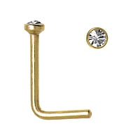 Chirurgisch stalen neuspiercing met PVD laag (goudkleurig) en Premium kristal. Diameter:1,9mm. Lengte:6,5mm. Doorsnede:0,8mm.