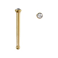 Chirurgisch stalen neuspiercing met PVD laag (goudkleurig) en Kristal. Lengte:6,5mm. Diameter:1,4mm. Lengte:6,5mm. Doorsnede:0,8mm.