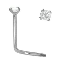 Chirurgisch stalen neuspiercing met Kristal. Lengte:6,5mm. Breedte:2,3mm. Doorsnede:0,8mm. Steen/stenen met vatting gefixeerd.