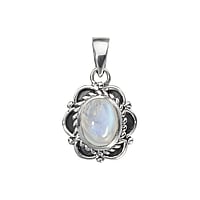 Stone pendant out of Silver 925 with Rainbow Moonstone. Width:14mm. Eyelet's transverse diameter:3,6mm. Eyelet's longitudinal diameter:4,6mm.  Flower