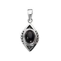 Pendentif de pierre en Argent 925 avec Onyx noir. Largeur:12mm. Longueur:19mm. Diamtre d'oeillet transversal:3,5mm. Diamtre d'oeillet longitudinal:4,5mm. brillant.  Dessin tribal Motif tribal