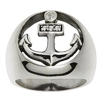 Silver ring with zirconia. Width:18,5mm. Shiny. Rounded.  Anchor rope ship boat compass