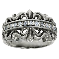 Silver ring with zirconia. Width:13,5mm. Wider at the top. Rounded.  Flower Tribal pattern