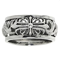 Silver ring Width:10mm. Rounded. Shiny.  Cross Tribal pattern Leaf Plant pattern