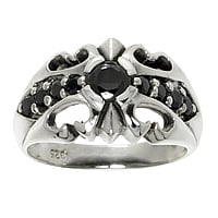 Silver ring with Crystal. Width:12mm. Wider at the top. Rounded. Shiny.  Tribal pattern Cross Leaf Plant pattern