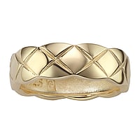 Silver ring with PVD-coating (gold color). Width:7mm. Shiny. Rounded.  Stripes Grooves Rills Lines