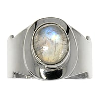 Silver ring with stones with Rainbow Moonstone. Width:8mm. Shiny.