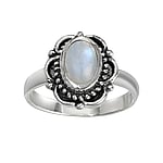 Silver ring with moonstone with Rainbow Moonstone. Width:5mm. Shiny.  Flower