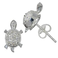 Silver ear studs with Crystal. Width:7,5mm.  Turtle Tortoise