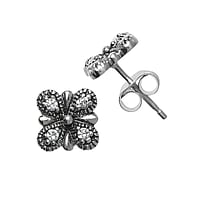 Silver ear studs with zirconia. Width:9mm.  Flower Leaf Plant pattern