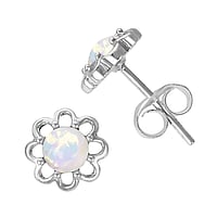 Silver ear studs with Synthetic opal. Width:7mm.  Flower