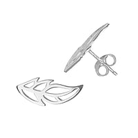 Silver ear studs Width:15mm. Shiny.  Leaf Plant pattern Feather