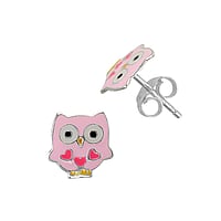 Boucles d'oreilles pour des enfants en Argent 925 avec poxy. Largeur:8mm.  Chouette Hibou Grand duc