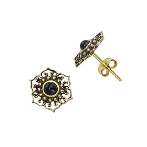 Fashion ear studs Brass Black onyx Flower