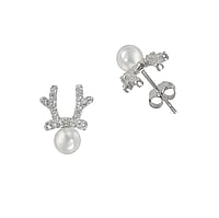 Silver ear studs with zirconia and Fresh water pearl. Width:11mm. Stone(s) are fixed in setting.  Fur Fur pattern Animal Print Zebra Leopard Tiger