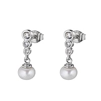 Silver ear studs with zirconia and Fresh water pearl. Width:4mm. Length:17mm.